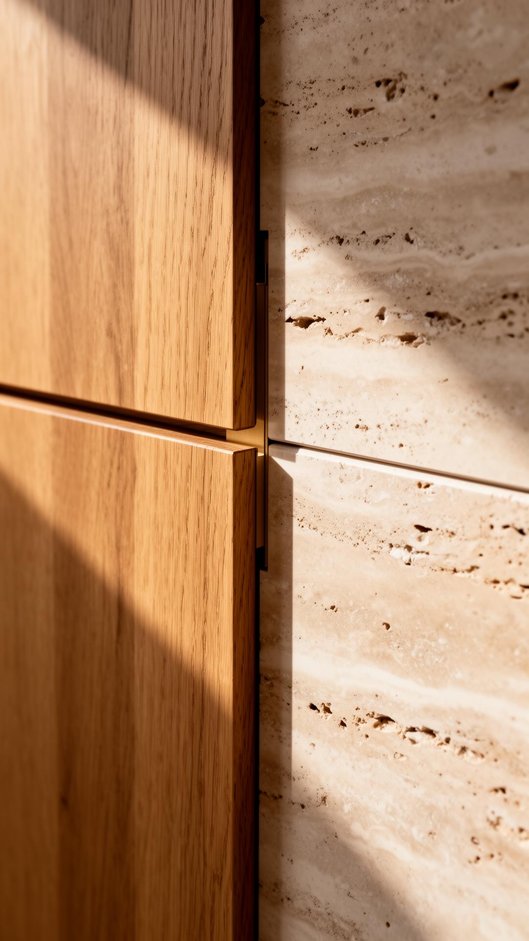 Detalle constructivo entre madera de roble y piedra travertino